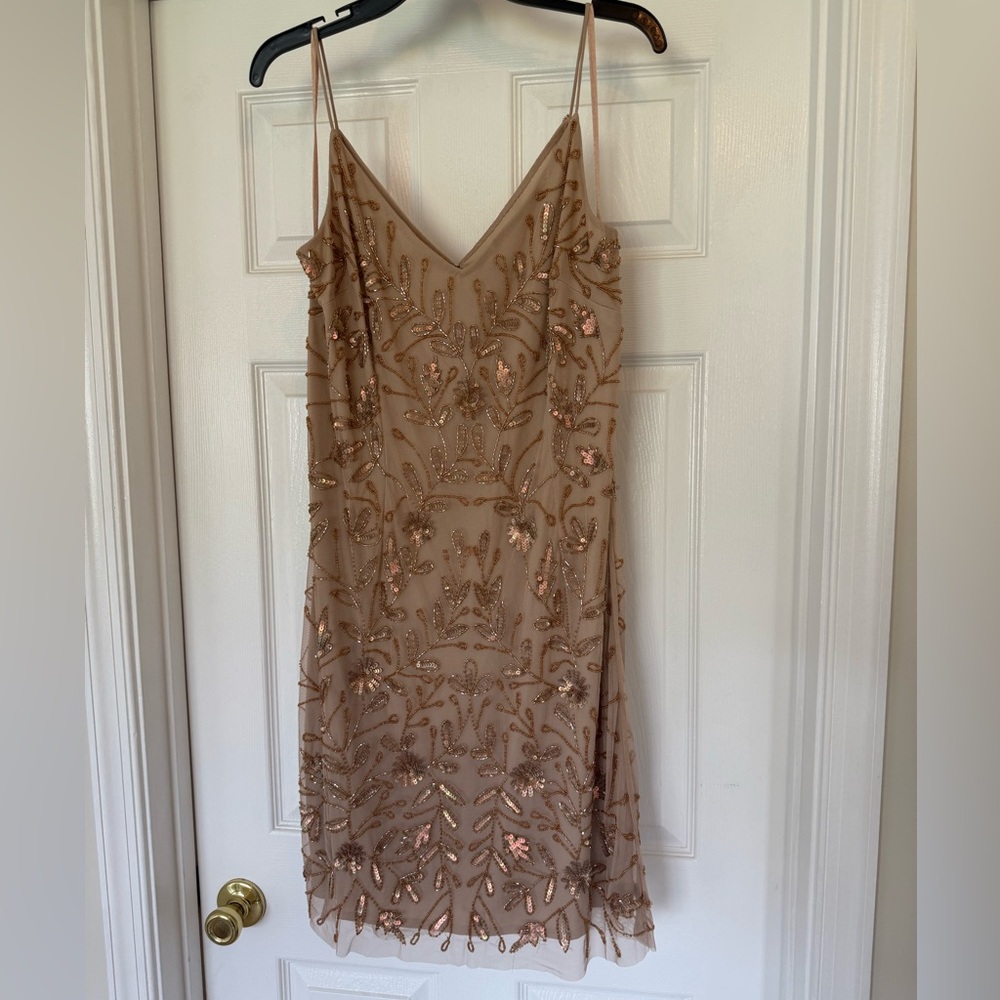 MARINA Beaded Sequin Shift Dress Taupe Size 12 NWT